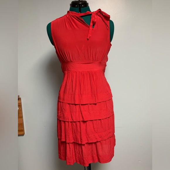 Dresses & Skirts - 100% silk, red midi ruffle dress. Unlined. Size 4, fitted.